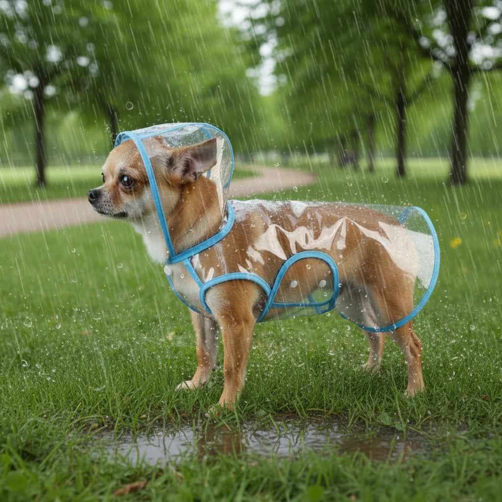 Waterproof pet raincoat for dogs, clear blue hood with blue trim and leg openings