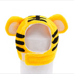 Tiger plush pet hat with yellow hood, striped muzzle, and ears