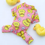 Pink duck-print four-legged pet outfit with long sleeves and paw openings