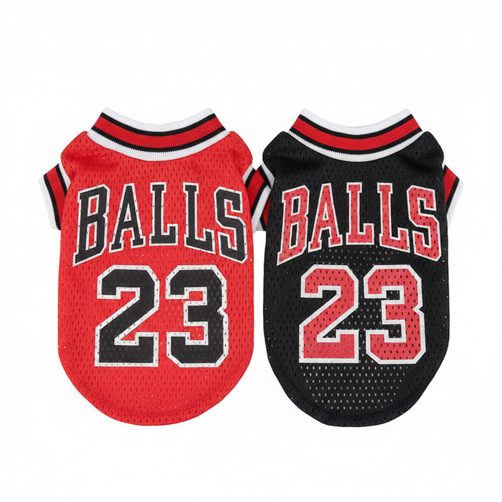 Two dog mesh vests: red and black versions with 'BALLS 23' lettering
