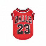 Red and black dog mesh vest with 'BALLS 23' graphic and striped collar