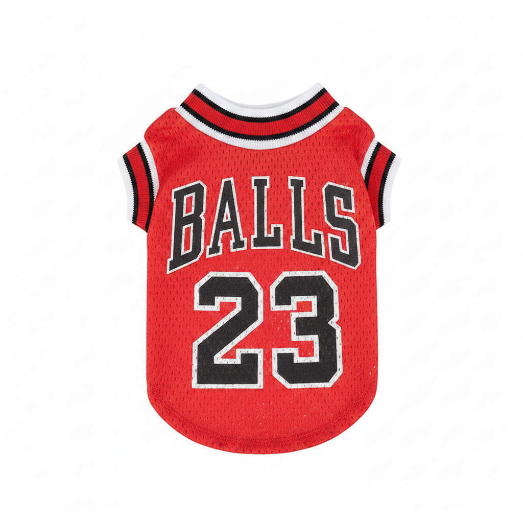 Red and black dog mesh vest with 'BALLS 23' graphic and striped collar