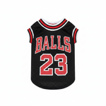 Black dog mesh vest with 'BALLS 23' graphic and striped ribbed collar