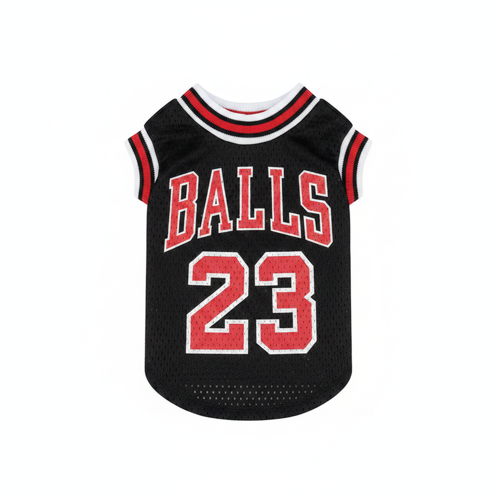 Black dog mesh vest with 'BALLS 23' graphic and striped ribbed collar