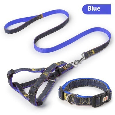 Blue dog leash and matching collar set with metal clasp and stitched fabric
