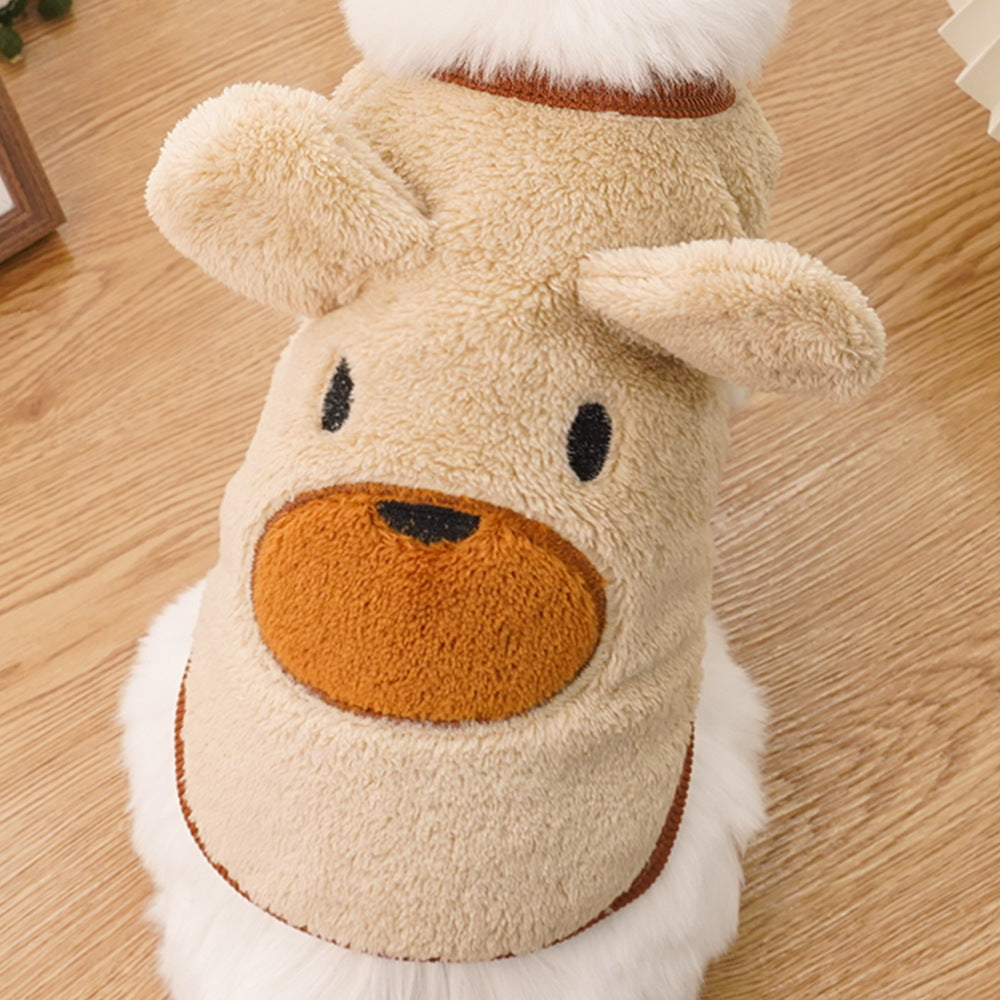 Bear ears fleece-lined dog sweater, puppy beige with bear face nose and eyes