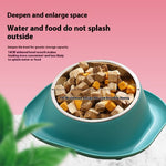 Teal tilted cat food bowl with stainless steel inner dish holding dry kibble