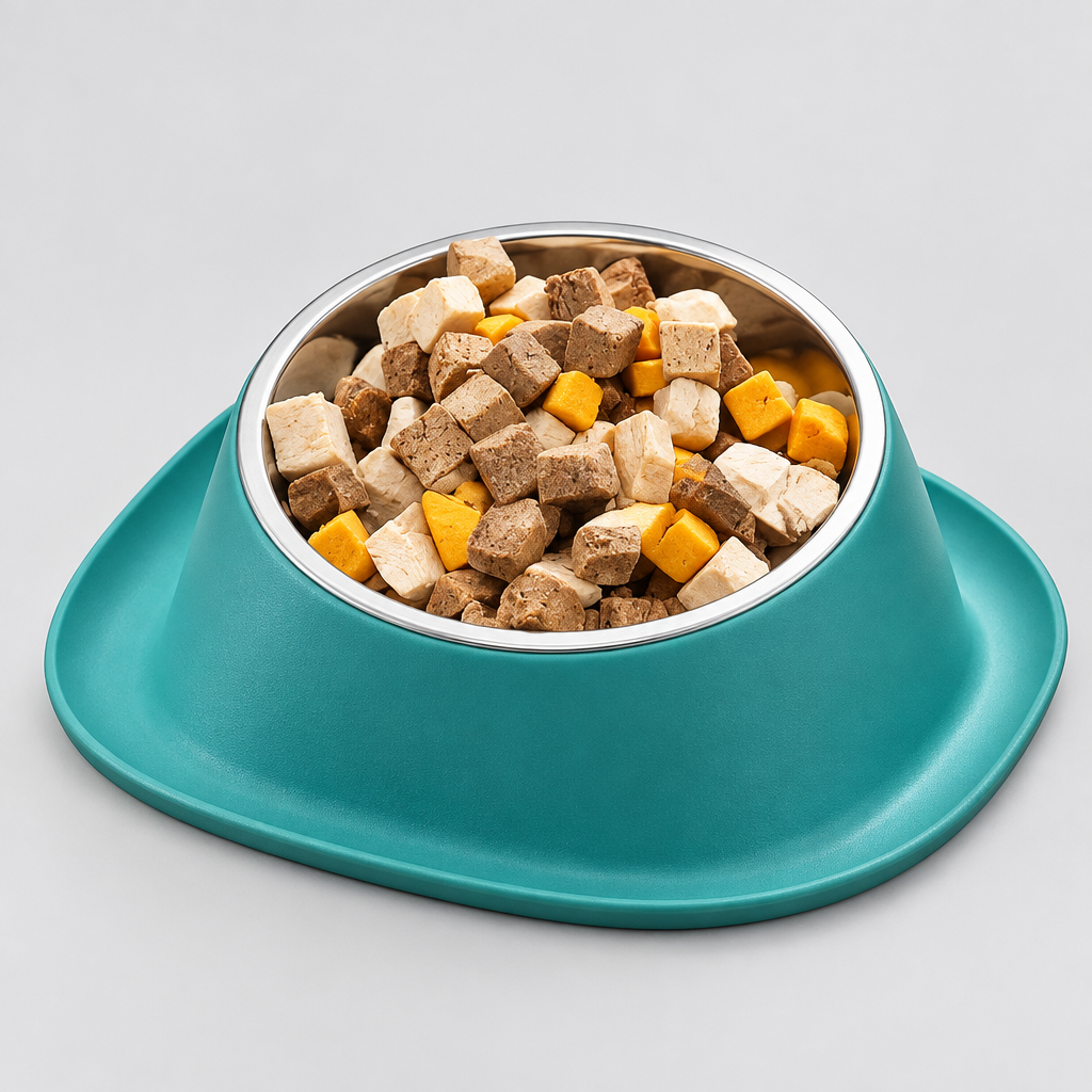Teal tilted cat food bowl with stainless steel insert, filled with kibble