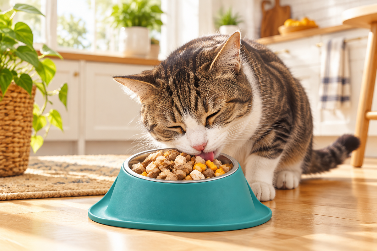Teal tilted cat food bowl with dry kibble, ready for feeding