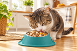 Teal tilted cat food bowl with dry kibble, ready for feeding
