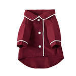 Wine-red pet pajama jacket with button-front and white trim, short sleeves with cuffs