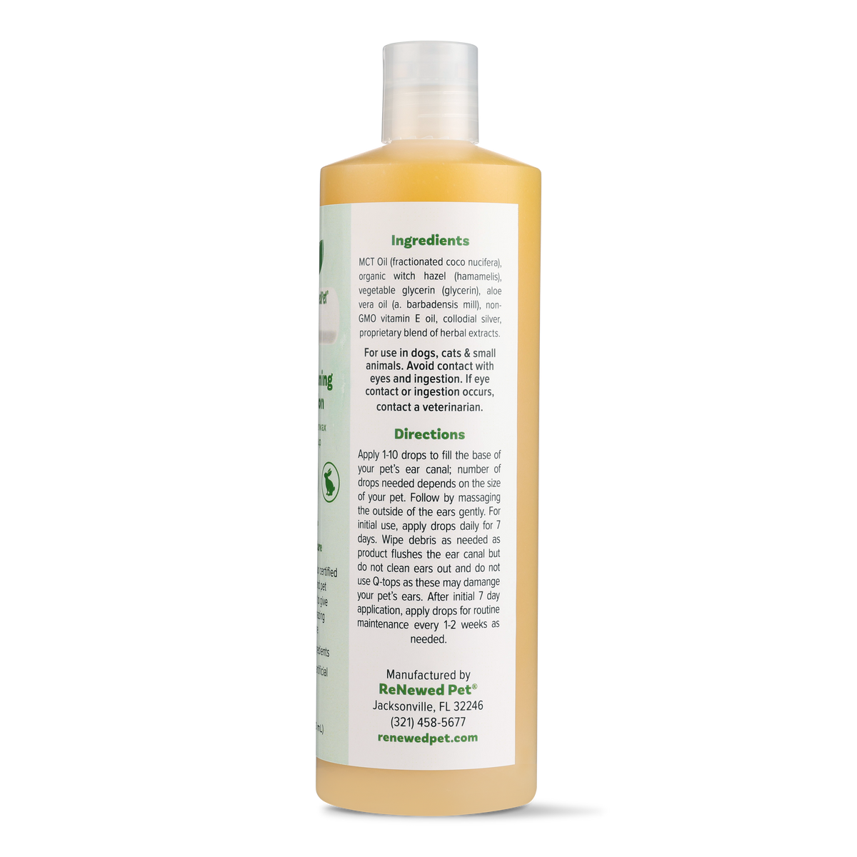 Pet ear cleaning solution bottle back label with ingredients and directions text