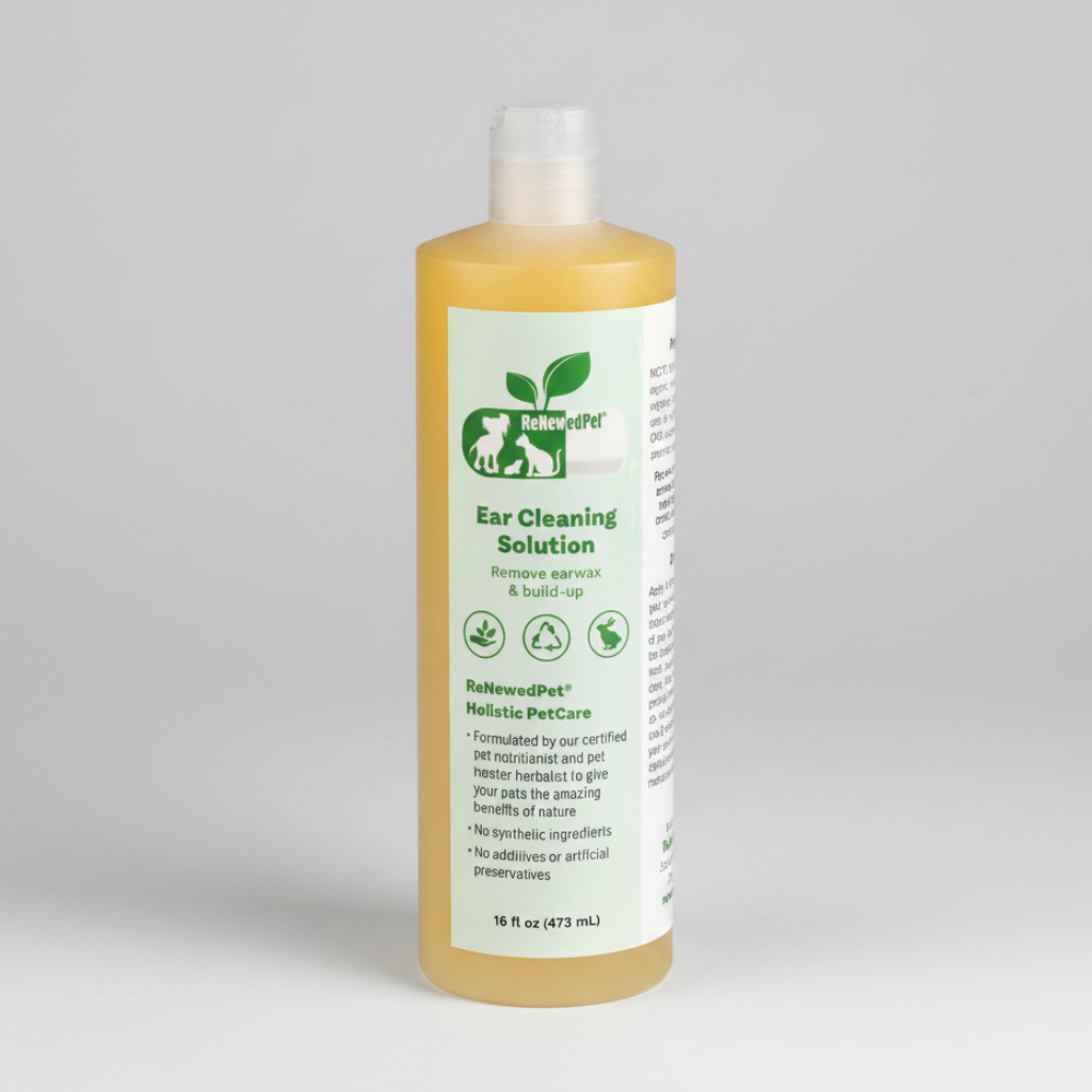 Pet ear cleaning solution bottle with flip-top cap, yellow liquid inside