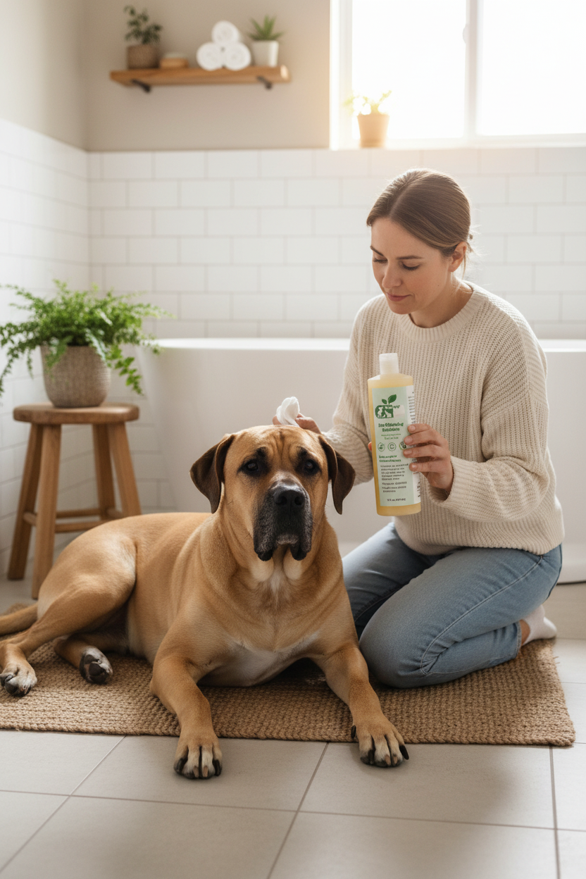 Pet ear cleaning drops bottle with flip-top cap held near a sitting dog