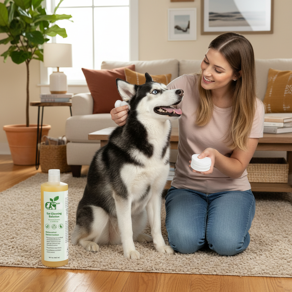 Pet ear cleaning drops bottle with flip-top cap, standing near a dog on carpet