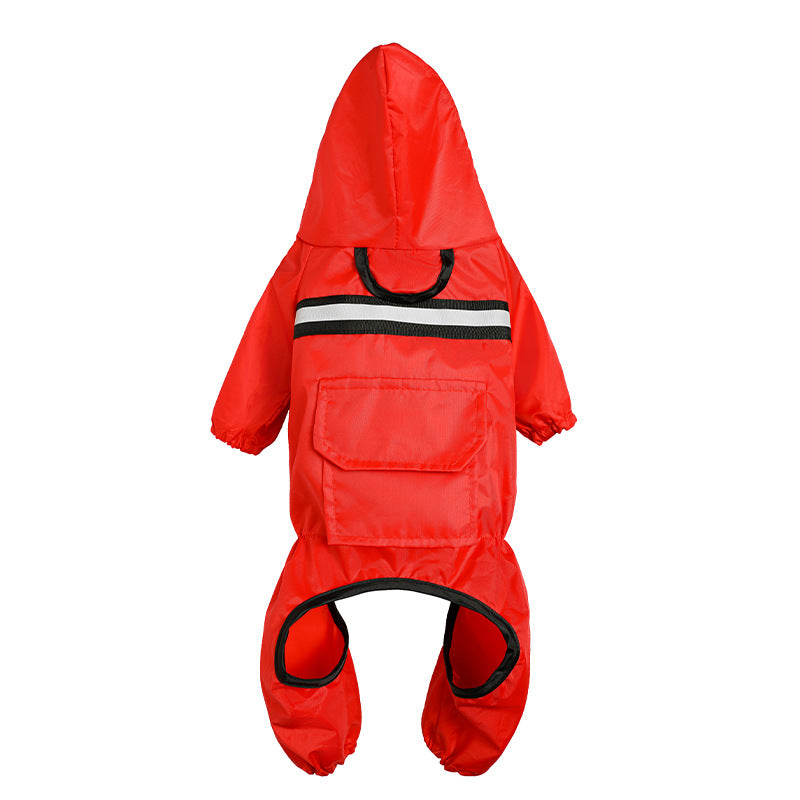Reflective raincoat for dogs, red with black reflective stripe and front pockets