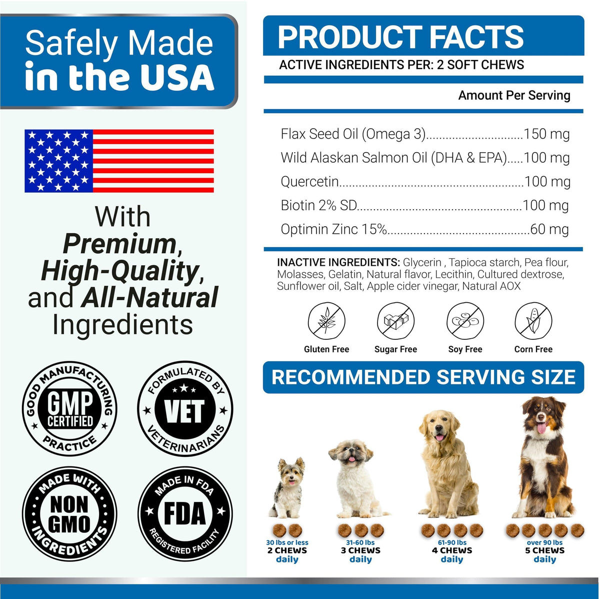 Yuma's Fish Oil +Omega 3 supplement facts panel, safely made in the USA