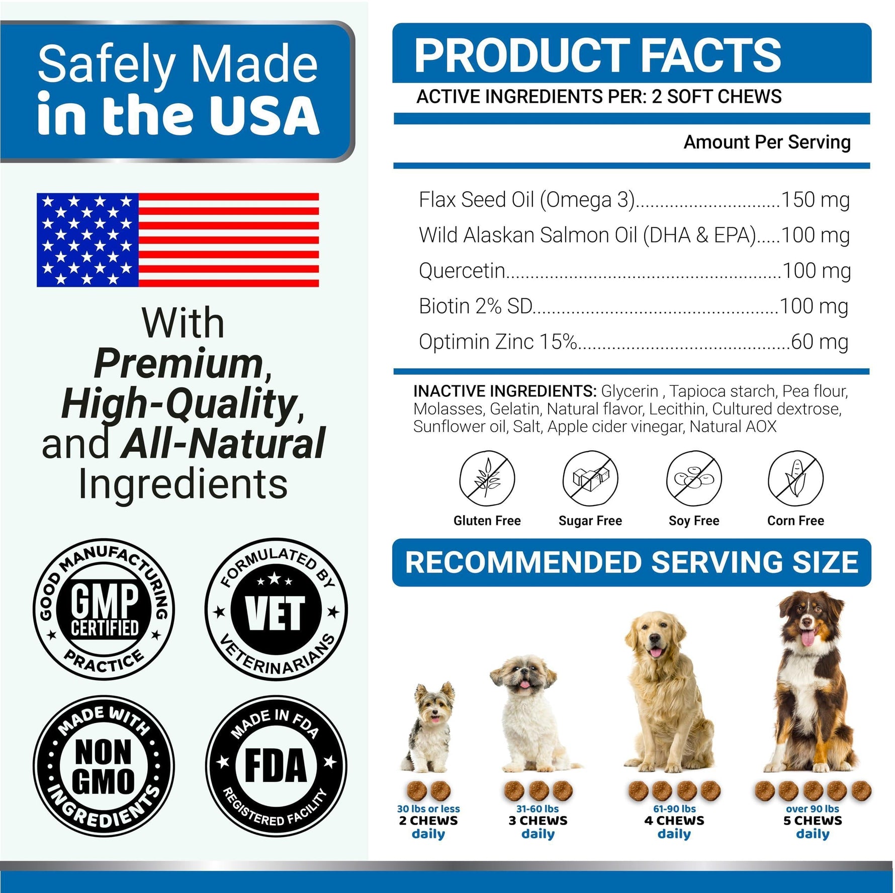 Yuma's Fish Oil +Omega 3 supplement facts panel, safely made in the USA