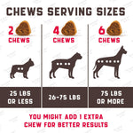 Dog chew serving sizes chart showing 2, 4, and 6 chews by body weight