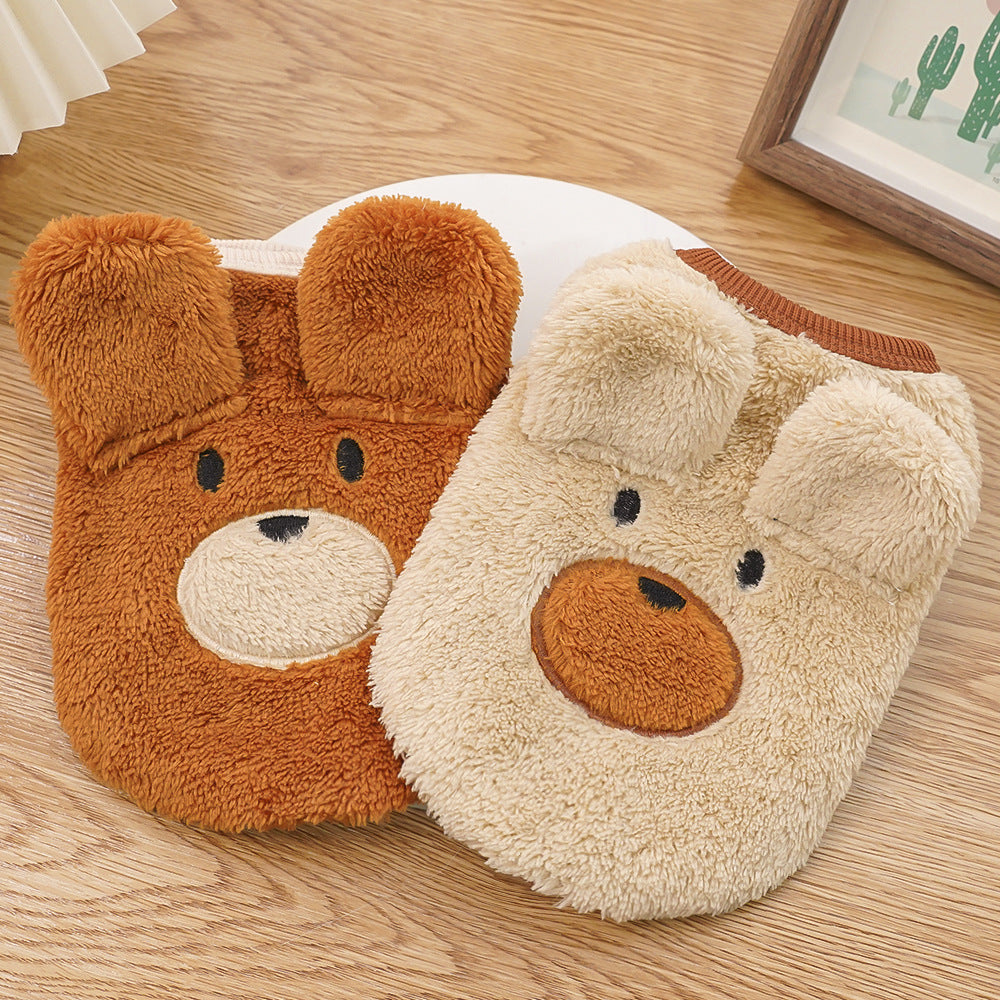 Bear ears fleece-lined dog sweater, puppy beige teddy bear face front