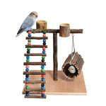 Wood parrot training station with beaded ladder, hanging hand toy, and two wood cups.