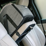 Grey pet car seat carrier with side panel, zipper opening, and seat-belt attachment