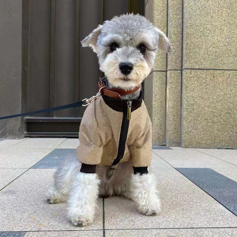 Khaki pet winter jacket hoodie with front zipper and dark trim, worn by a small dog.