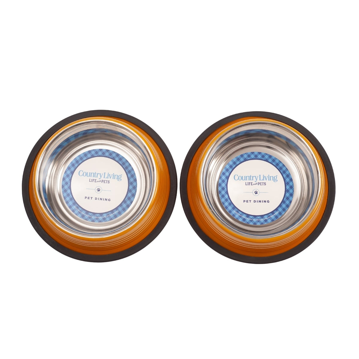 Pair of golden yellow ribbed pet bowls with black non-slip base and stainless steel top view