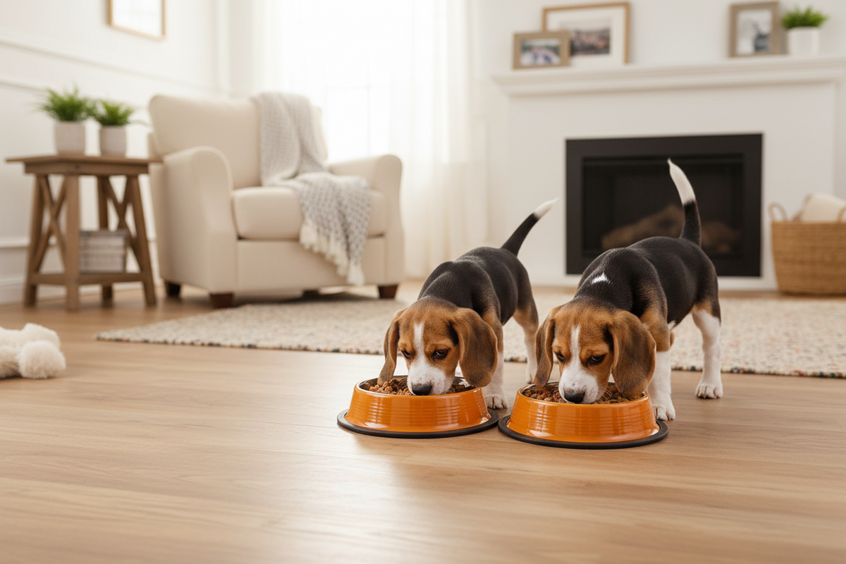 Set of 2 ribbed non-slip pet feeding bowls in golden yellow on floor