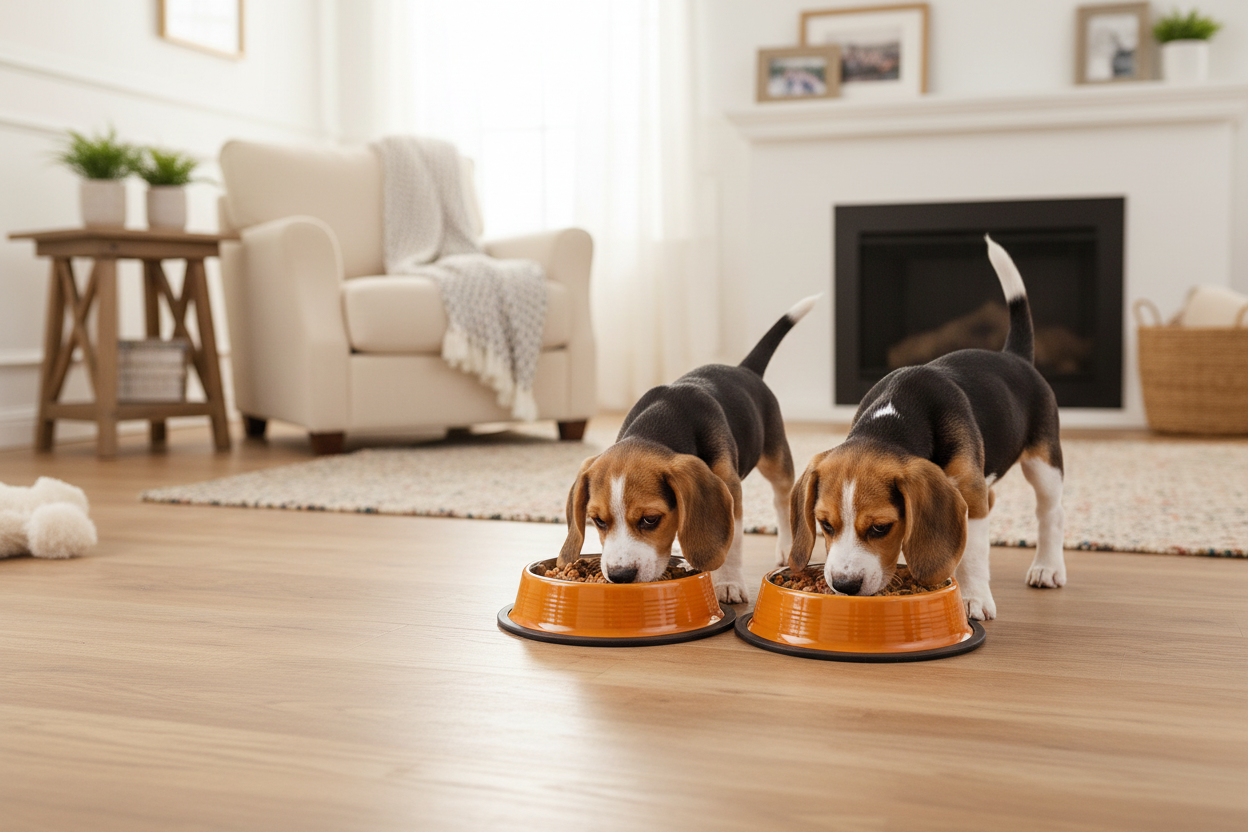 Set of 2 ribbed non-slip pet feeding bowls in golden yellow on floor