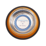 Golden yellow ribbed pet bowl with black non-slip base and stainless steel interior