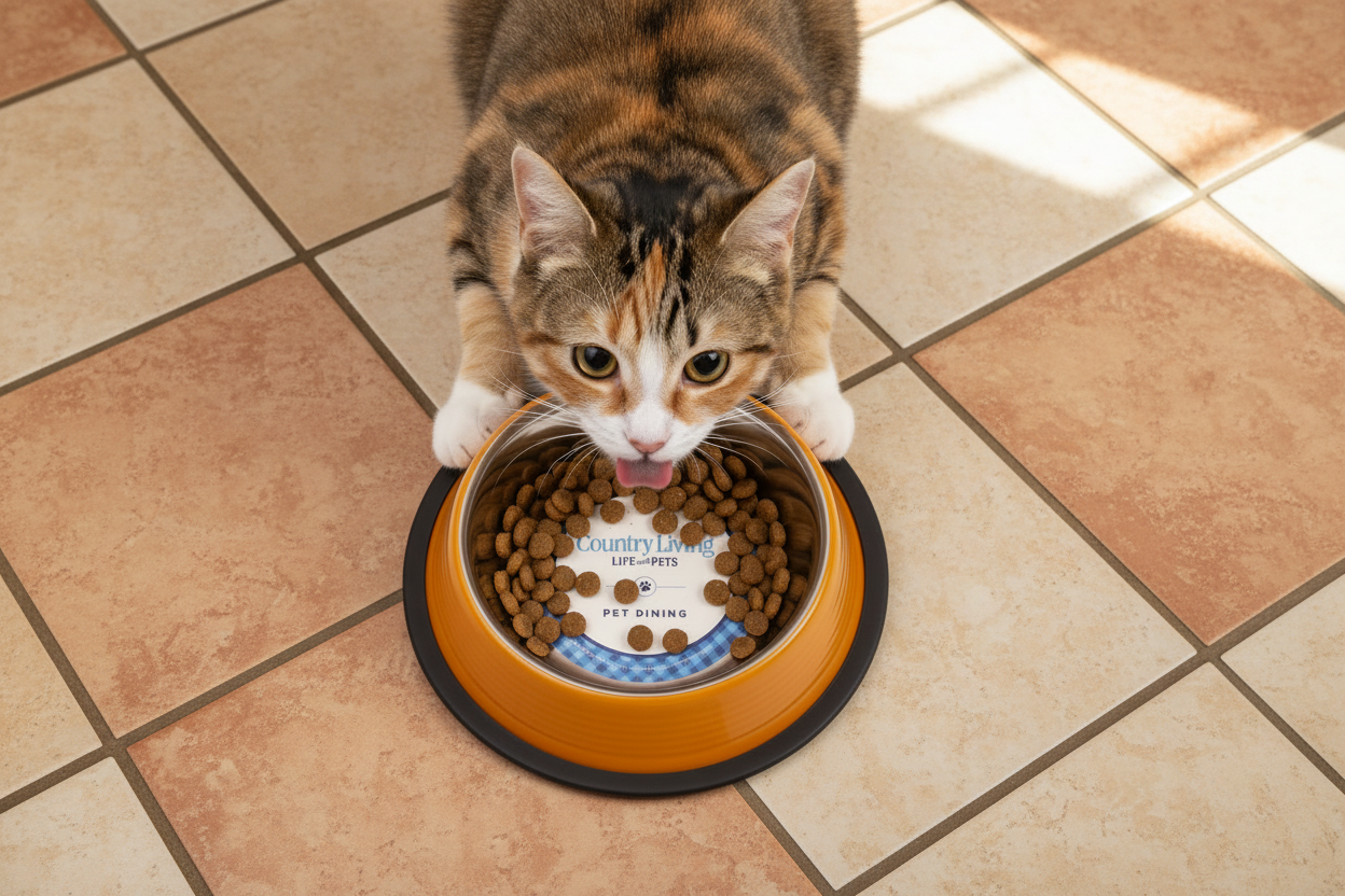 Ribbed non-slip pet feeding bowl in golden yellow with kibble