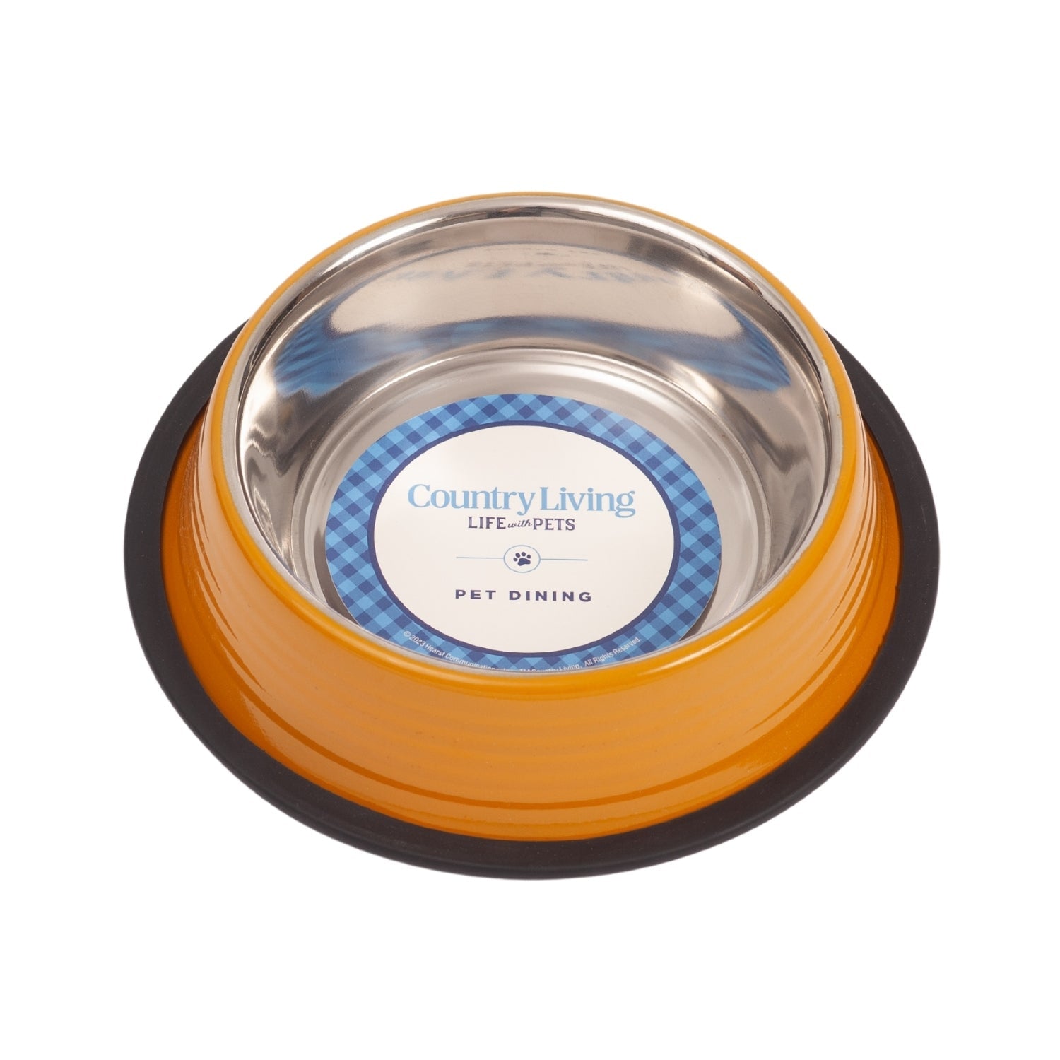 Golden yellow ribbed pet bowl with black non-slip ring and stainless steel interior