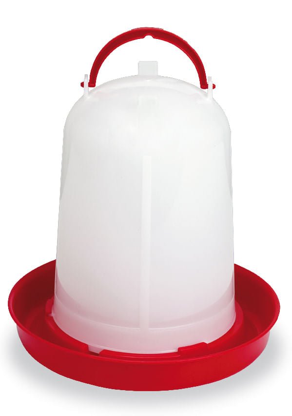 Plastic poultry waterer with red base and white reservoir, front view with handle