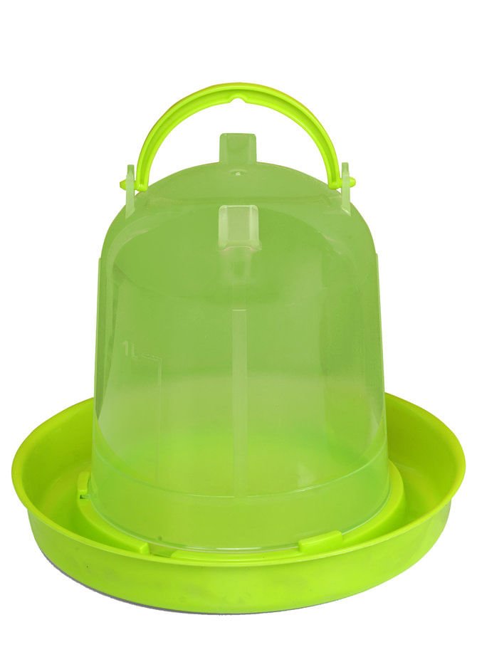 Plastic poultry waterer with lime green base and reservoir, snap-together carry handle