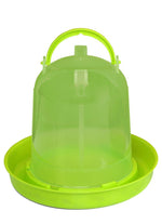 Plastic poultry waterer with lime green base and reservoir, snap-together carry handle