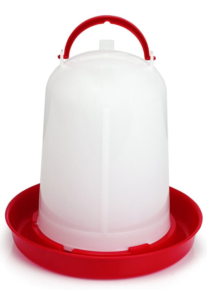 Plastic poultry waterer with red base and white reservoir, snap-together lid handle