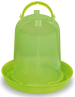 Plastic poultry waterer with lime green base and reservoir, snap-together carry handle