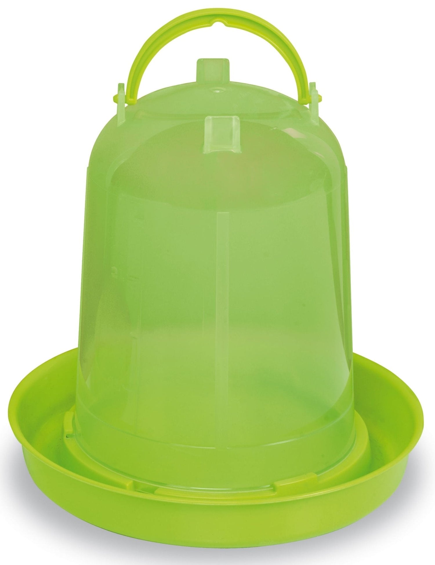 Plastic poultry waterer with lime green base and reservoir, snap-together carry handle