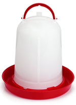 Plastic poultry waterer with red base and white reservoir, snap-together handle