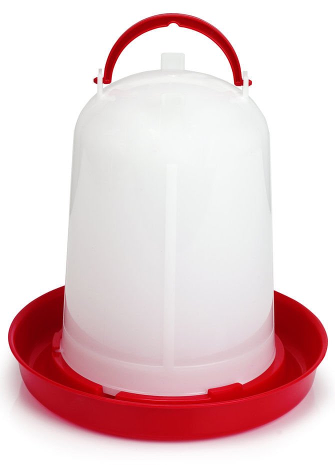 Plastic poultry waterer with red base and white reservoir, snap-together handle