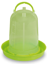 Plastic poultry waterer with lime green base and reservoir, front view with handle