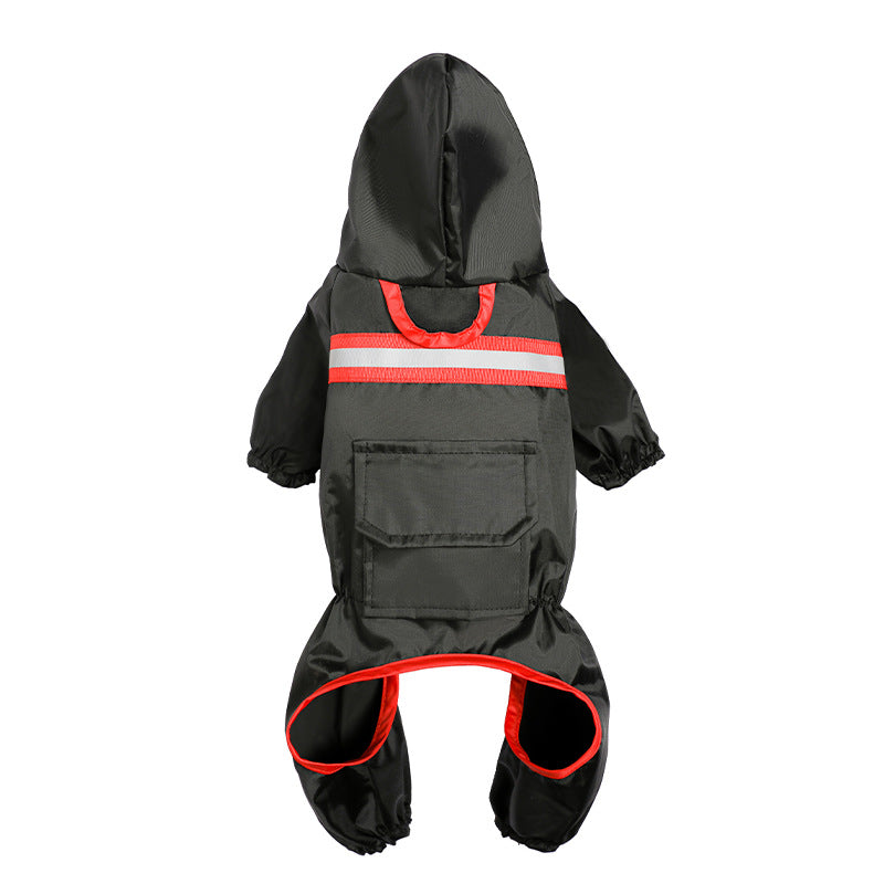 Reflective raincoat for dogs, black with red trim, reflective stripe, and front pocket