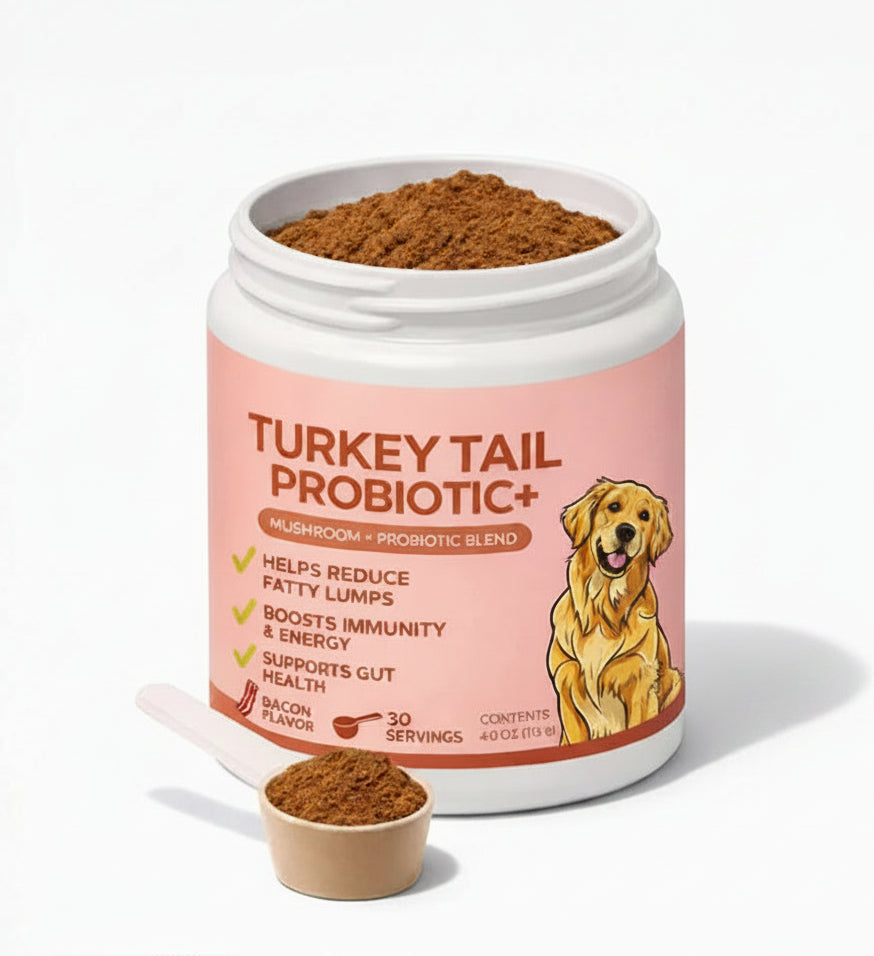 White pet supplement jar with scoop; Turkey Tail Probiotic+ label and brown powder