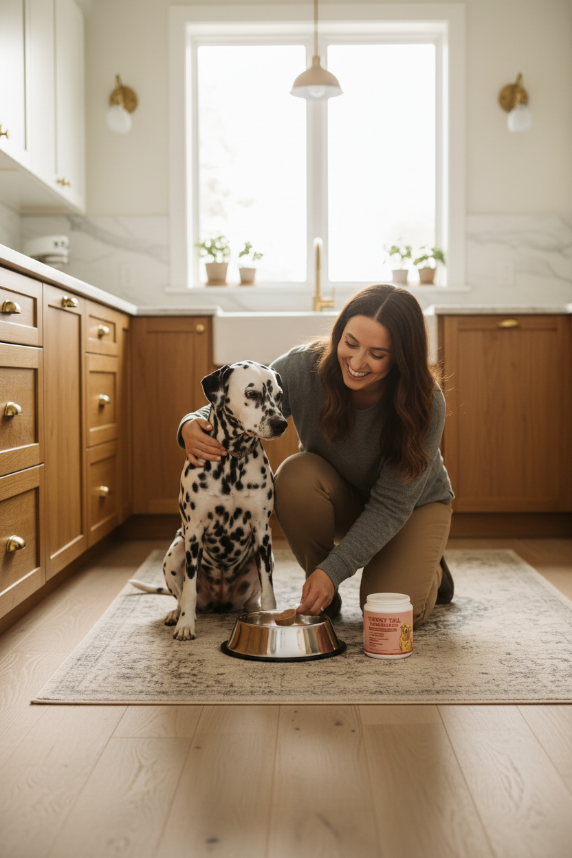 Pet probiotic powder jar with scoop in bowl, shown with a dog and handler
