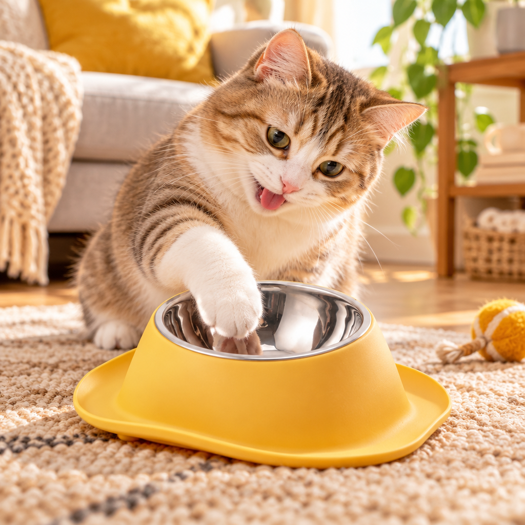 Yellow tilted cat food bowl with stainless steel inner, cat reaching in