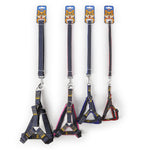Denim dog harness straps with metal clips, four boxed styles on hang tags
