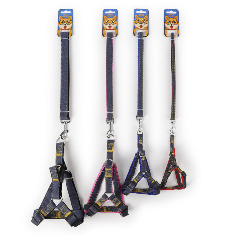 Denim dog harness straps with metal clips, four boxed styles on hang tags