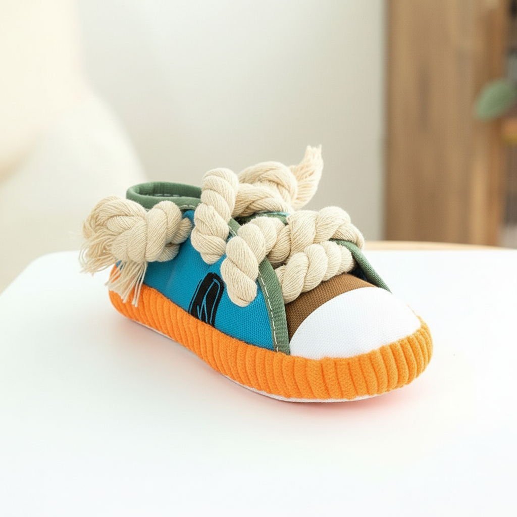Squeaky plush shoe dog toy with teal upper, orange sole, and white rope laces