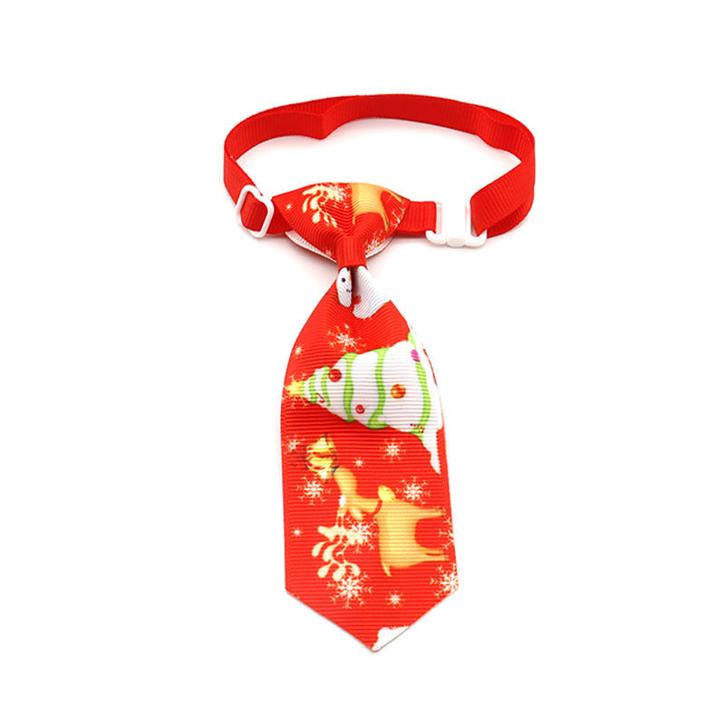 Red Christmas pet tie with cartoon character and ornament patterns, clip-on strap
